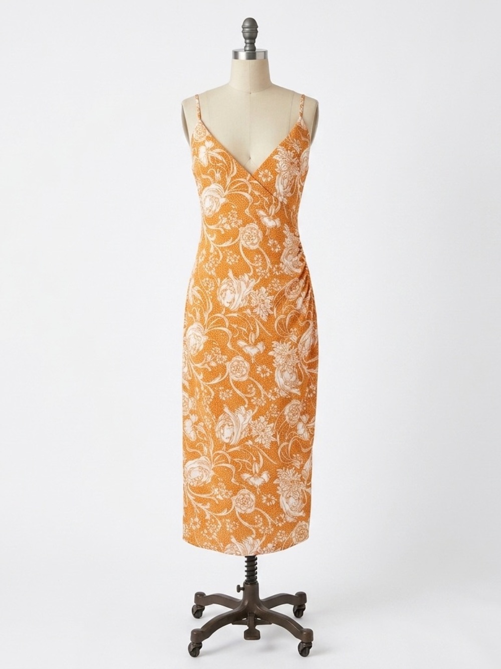 Joie Ruched Cross-Neck Orange and White Floral Midi Slip Dress Size Small - Picture 1 of 8